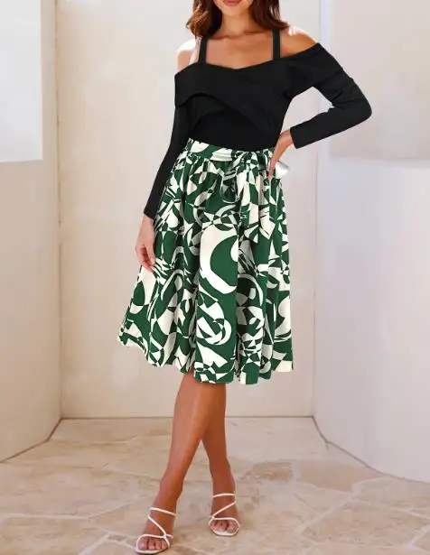 2025 Autunno Nuovo Slim Elegante a maniche lunghe con spalle scoperte Fiore Abito a trapezio con abito a maniche lunghe con giunture in colore a contrasto