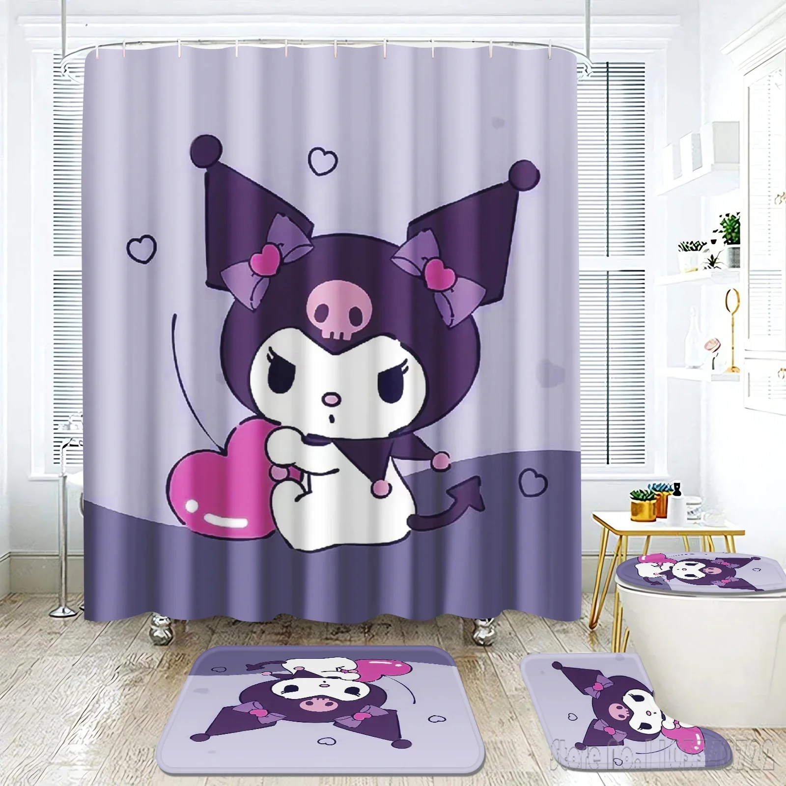 Sanrio Kuromi Anime Conjunto de cortina de chuveiro de banho 4 peças com ganchos Decoração de desenho animado Tampa de tapete de banheiro à prova d'água