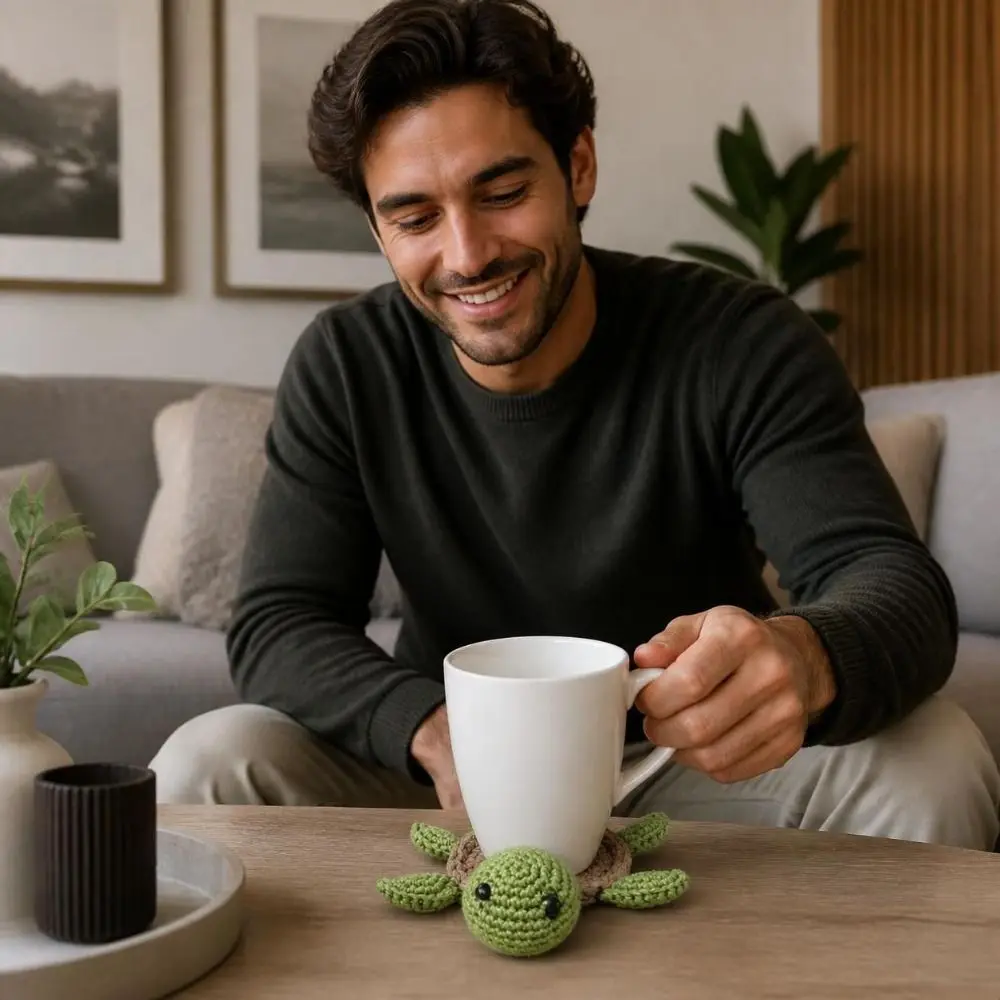 Handmade Crochet Turtle Coaster Animal-Shaped Non-slip Knitted Cup Mat Reusable Heat-Resistant Table Decor Coaster