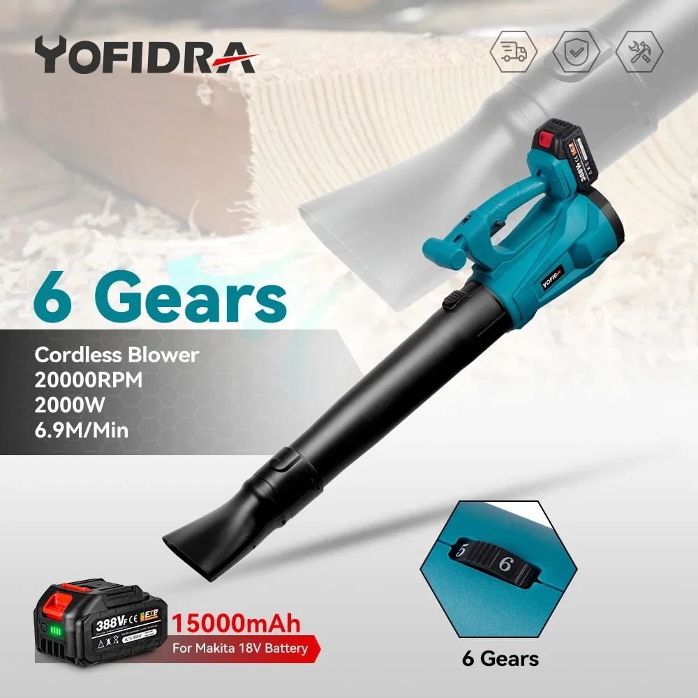 

YOFIDRA 2000W Electric Air Blower 6-Speeds Leaf Blower Clean Fallen Leaves Dust Snow Sweeper Garden Tool for Makita 18V Battery