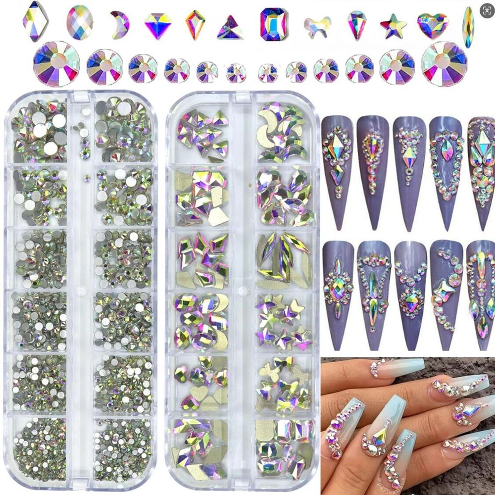 24Grids 2 Dozen 3D Gemengde Doorschijnende Kleurrijke Nail Art Steentjes Hart/Drop/Ronde Nagel Kristal Sparkle AB Diamant nagel Zirkoon