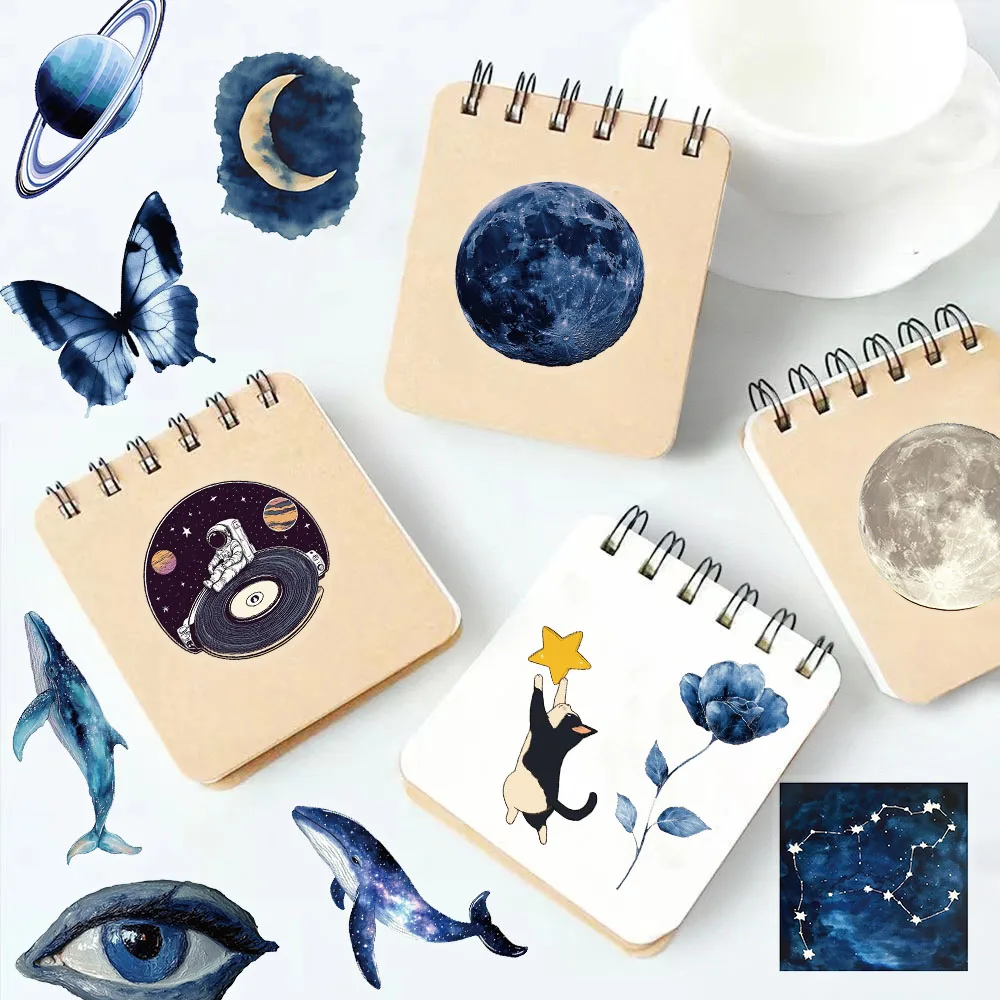 50 Uds. Pegatinas creativas de Material transparente para mascotas, espacio azul, decoración de funda de teléfono, cuaderno DIY, pegatinas personalizadas con taza de agua