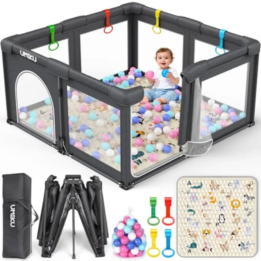 

Baby Playpen with Mat, Foldable Playpen for Babies & Toddlers Large Playpens 2 Doors Play Yard Indoor Outdoor 50"X50" Dark Grey