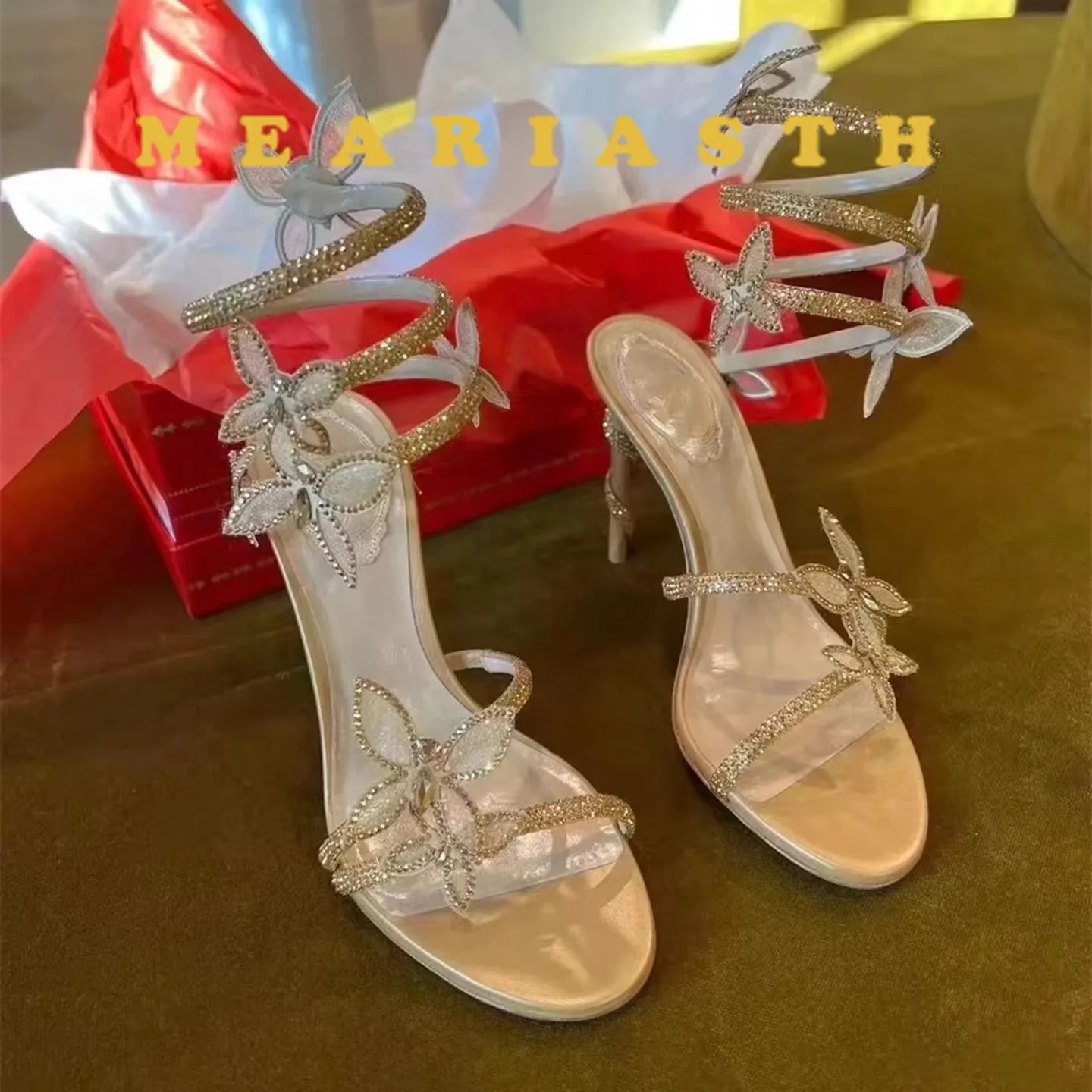 

Роскошные женские сандалии с отделкой бабочкой и кристаллами, пикантные сандалии-гладиаторы на высоком каблуке со спиральным ремешком, летние туфли для выпускного вечера