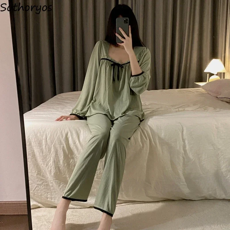 

Pajamas for Women Lantern Sleeve Panelled Casual Sweet Chic Homewear Soft All-match Dormitory Ulzzang Girlish Sleepwear College