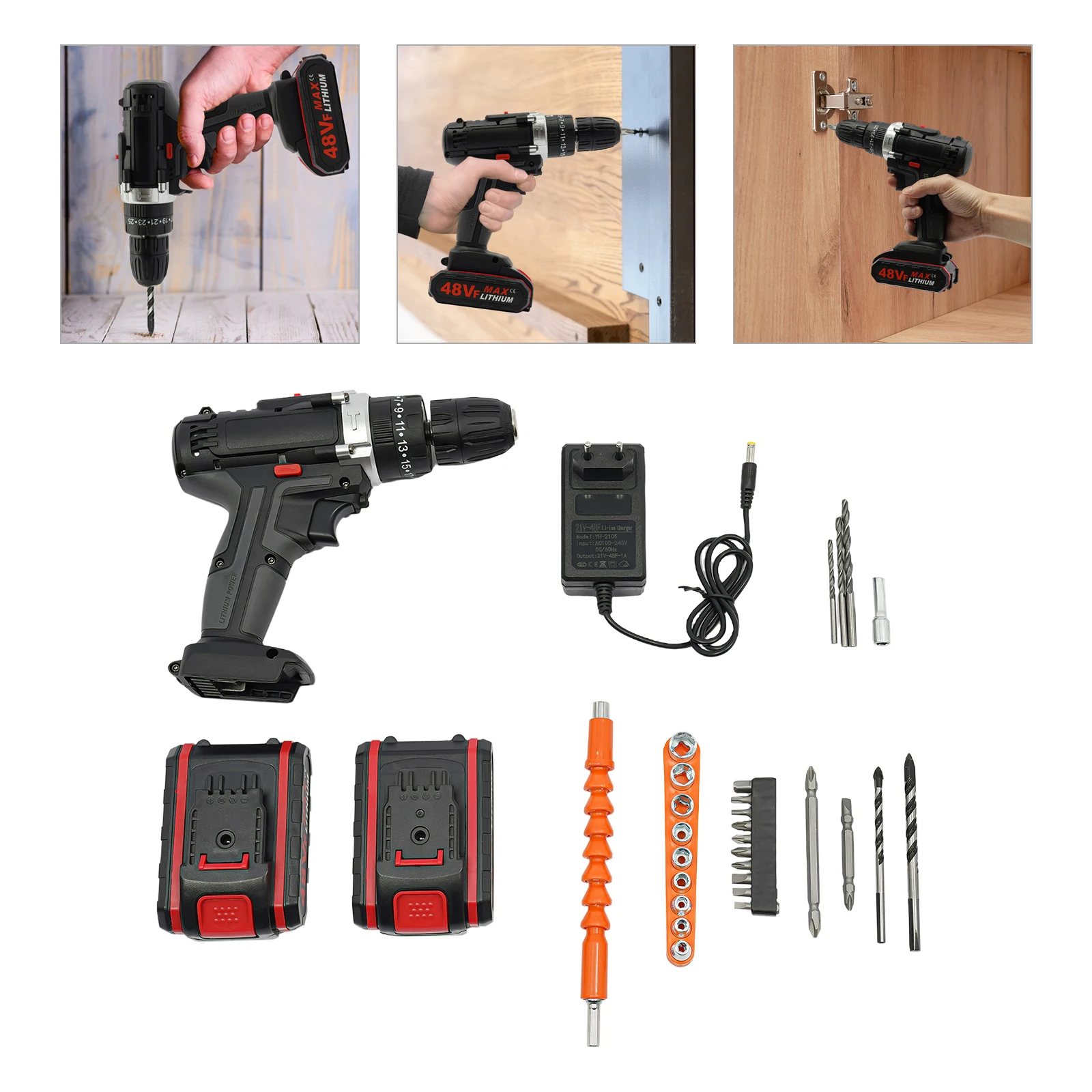 21V Electric Impact Cordless Drill High-power Lithium Battery Wireless Rechargeable with 2 Batteries 1350Rpm DIY Tools