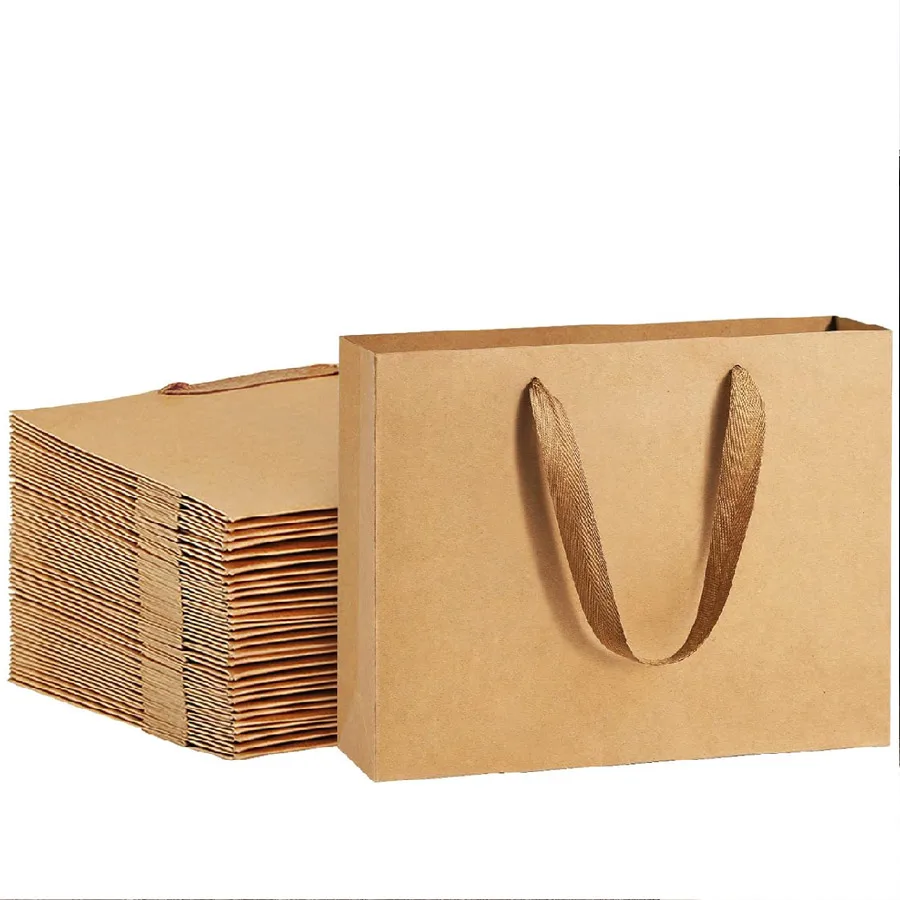10er-Pack Kraftpapiertüten 22x18x10cm mit Stabilen Griffen, Große Geschenk- und Einkaufstüten für Umweltfreundliche Partys – Detail 2