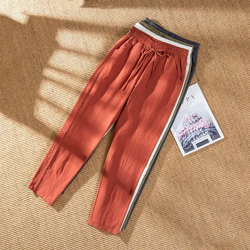 Large Size Casual Linen Pants Women Spring Summer Elastic Waist Candy Colors Harem Trousers Loose Thin Ankle Length Pencil Pants