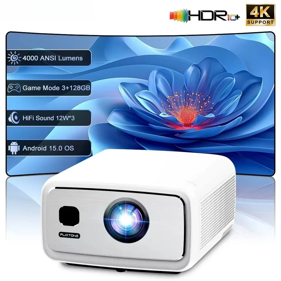

4000 ANSI Lumens Full HD 4K D10S 5 Inch LED LCD Mini Projector Android 15 Portable Indoor/Outdoor 12W*3 Speaker Game Party Movie