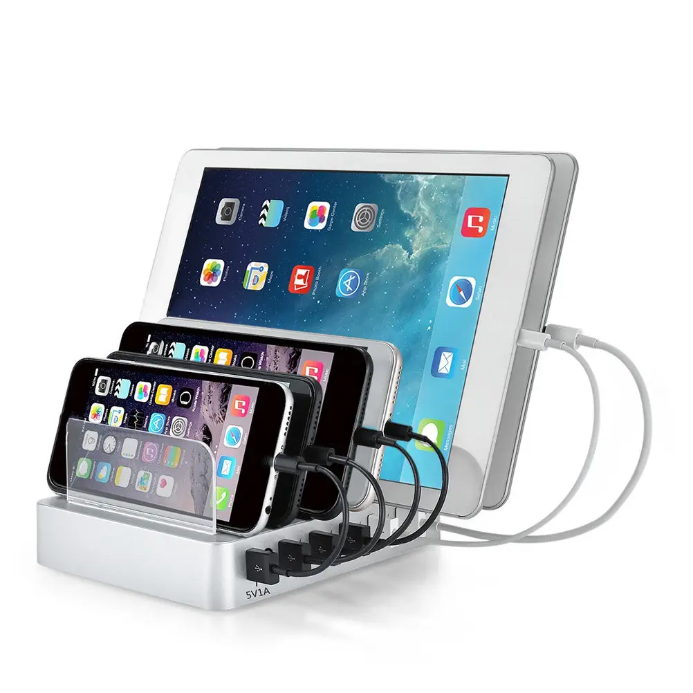 

Multi-Port USB 6- Charging Station with Detachable Watch Stand Silver Plug Fast Charging Hub for Tablets