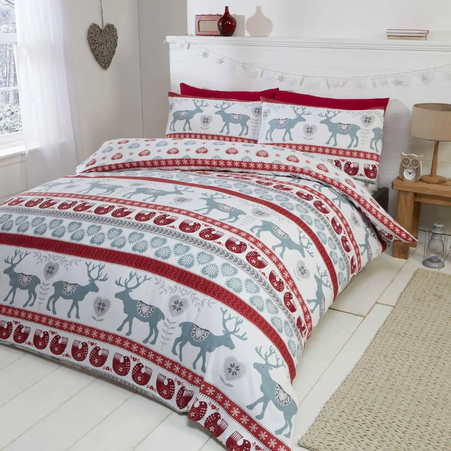 100% Brushed  Polyester Flannelette Quilt Duvet Cover and 2 Pillowcase Bedding Bed Set, Red/Multi-Colour, King