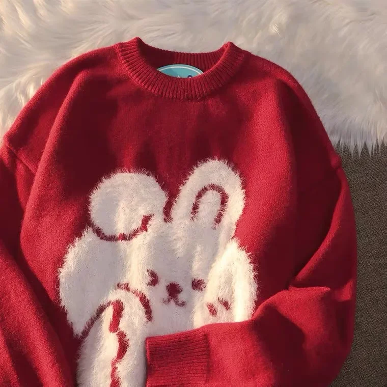 KOSAHIKI Japanese Cute Rabbit Jacquard Sweater Women Black Pullover Sueter Mujer Y2k Top Jumper Harajuku Knit Tops