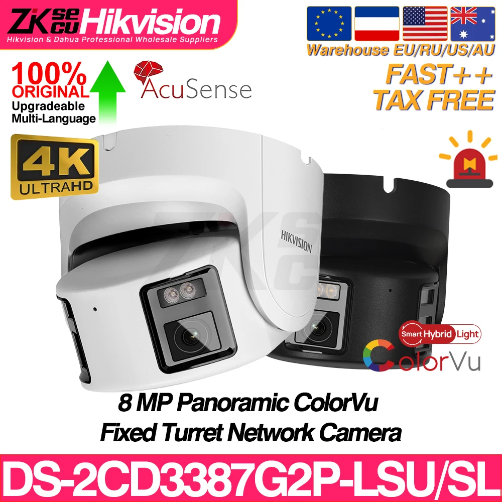 Hikvision DS-2CD3387G2P-LSU/SL 8MP 4K Acusense ColorVu Panoramic IP Camera Dual Lens Strobe Light Audible Alarm 2-Way Audio POE