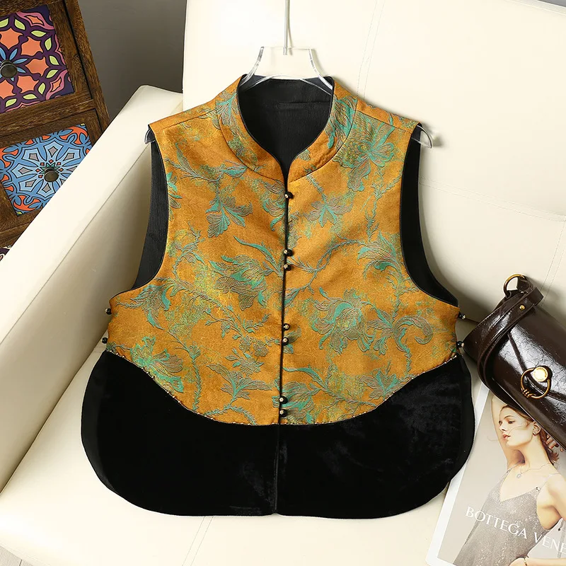 Women Floral Print Sleeveless Vest Mandarin Collar Patchwork Velvet New Chinese Style Ethnic Outerwear Waistcoat Cheongsam Gilet