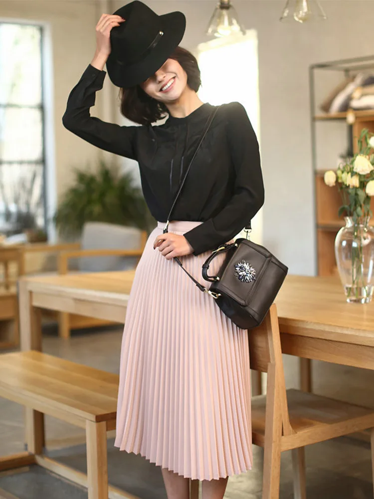 Women's High Waist Pleated Skirt, Half Length, Elastic, Black, Pink, Monochromatic, Lady, New Fashion, Spring, Autumn