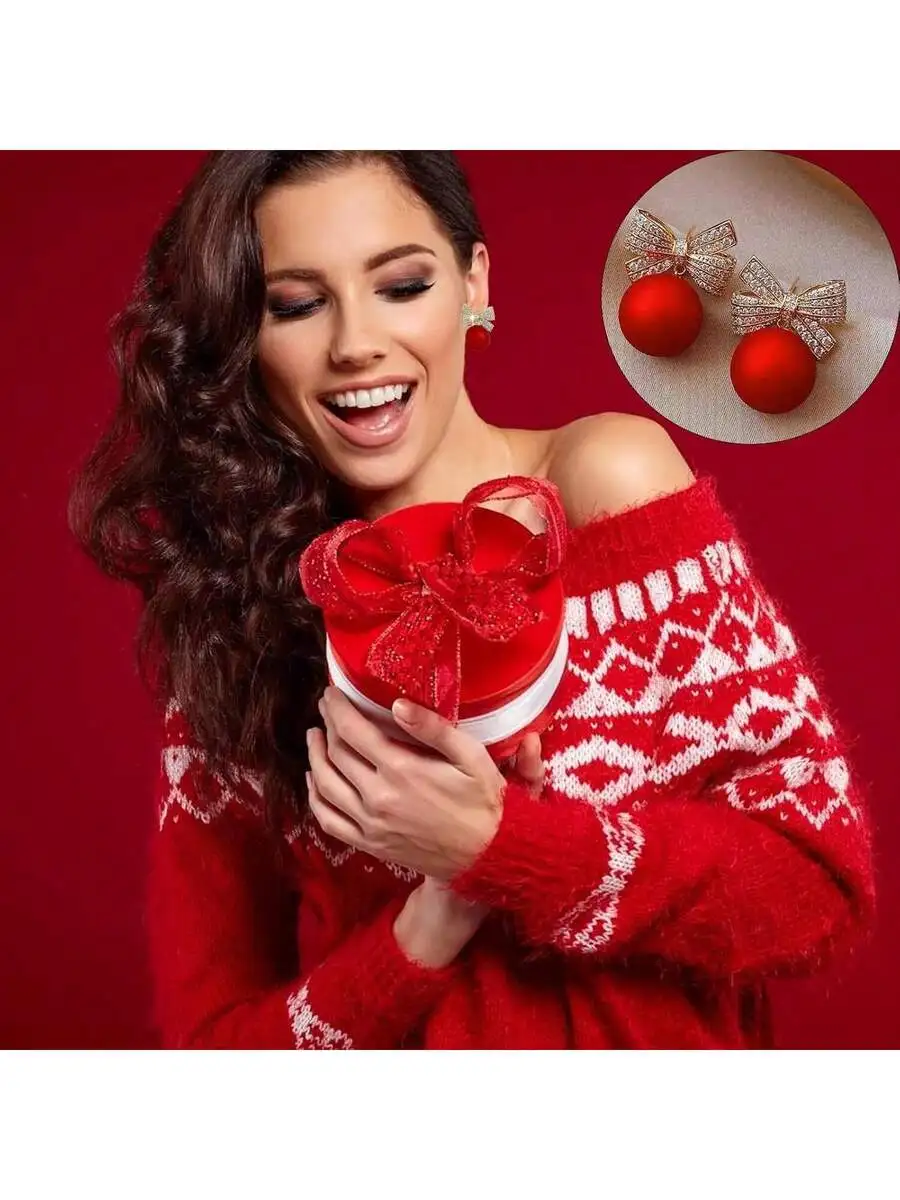 Red Bowknot Earrings With Rhinestones For Women Holiday Christmas Party Fashion Jewelry