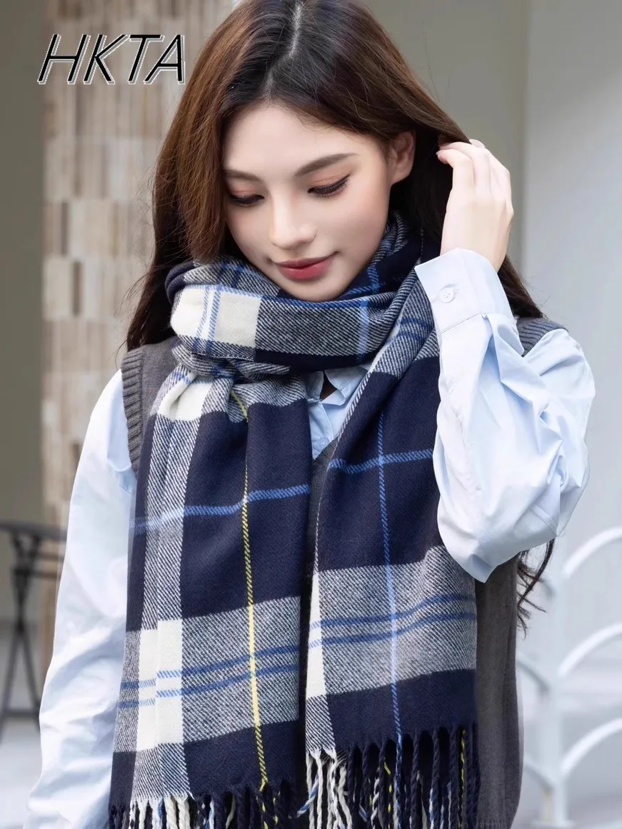 British Japanese Plaid Scarf Shawl Imitation Cashmere Winter Coffee Blue Warm Couple College Style JK Student Plaid Scarf Shawl