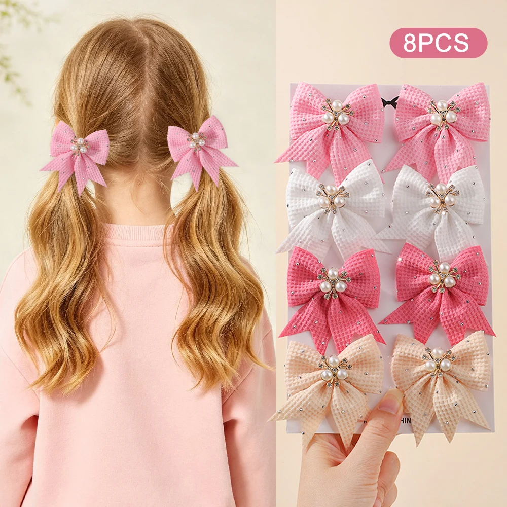 JOLLYPASS Waffle Fabric Pearl Rhinestone Bow Hair Clips 4 Pairs Duckbill Barrettes Sweet Girls Hair Accessories