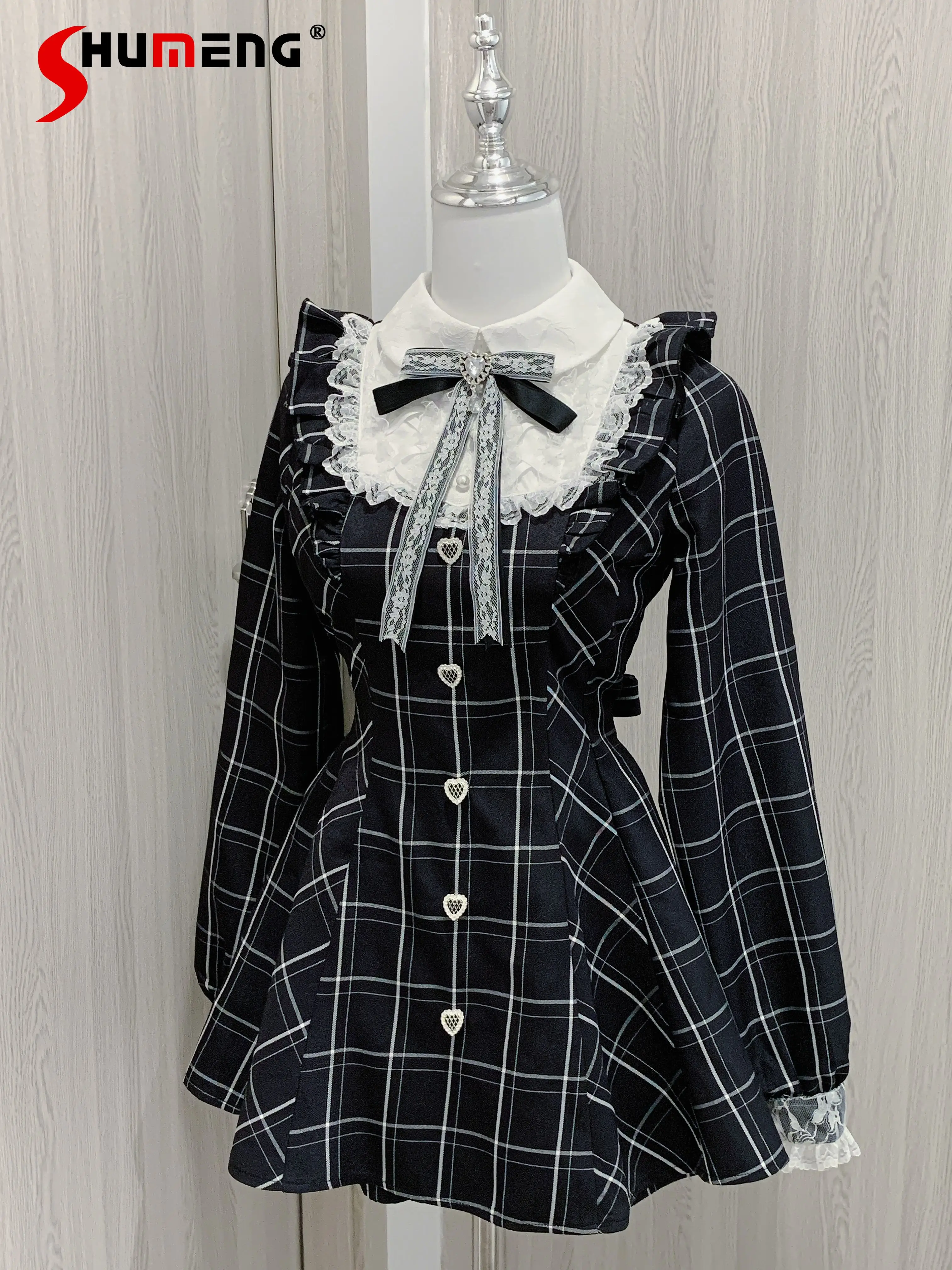 Women's Dress and Shorts Two-piece Sets Lady Mine Mass Production Bow Lace Slim Long Sleeve Plaid Tops and Shorts Set Autumn