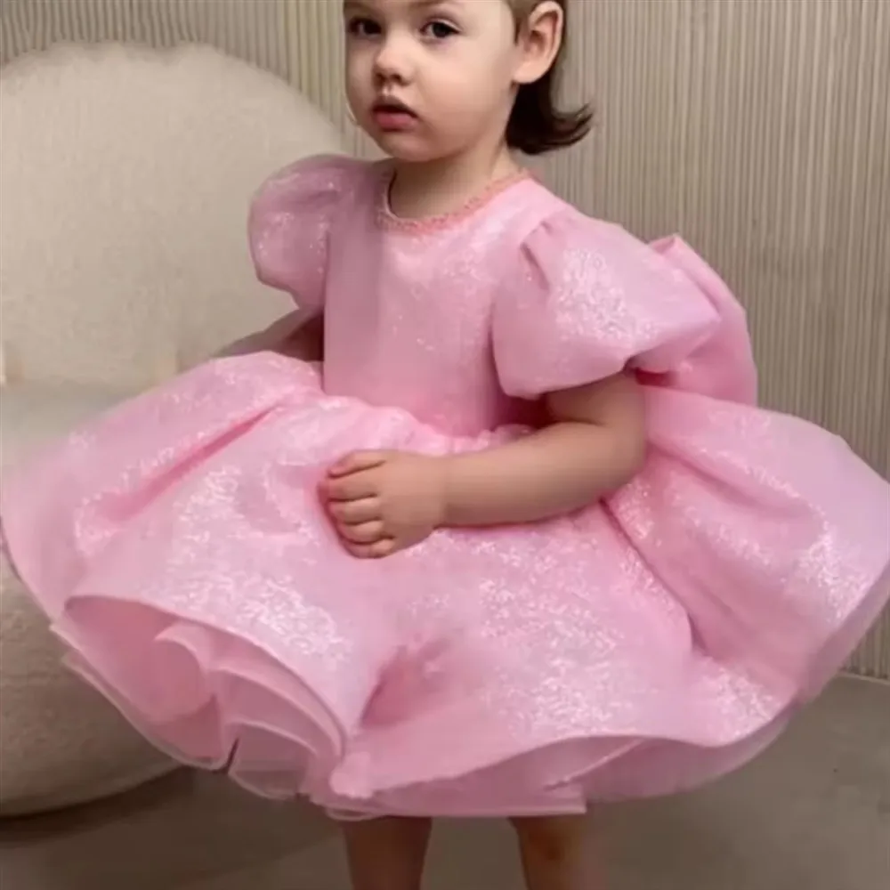Cute Flower Girl Princess Bow Tutu Dress Puff Sleeve Infant Toddler Child Vintage Shinning Vestido Wedding Party Baby Clothes