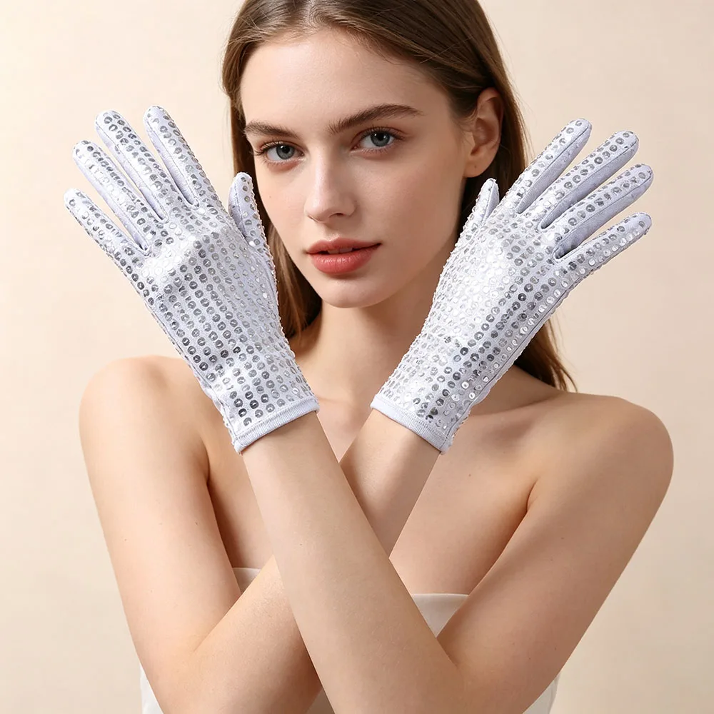Multi Color Shiny Sequin Elastic Full Finger Breathable Mesh Gloves Nightclub Dancing  Wedding Evening Party Halloween Cosplay