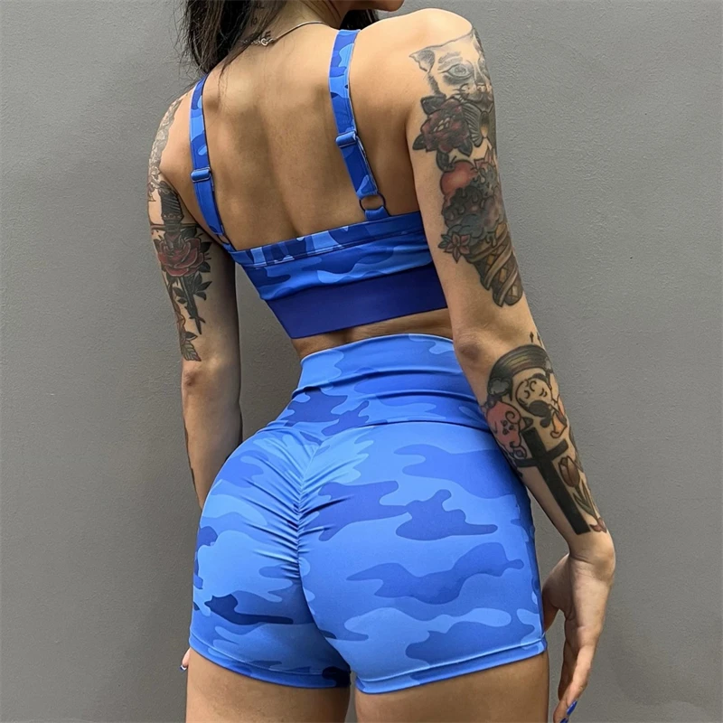 Women Summer Sports 2 Pieces Quick Dry Gym Workout Set High Waist Hip Lift Yoga Shockproof Bra Set Running Fitness Wear