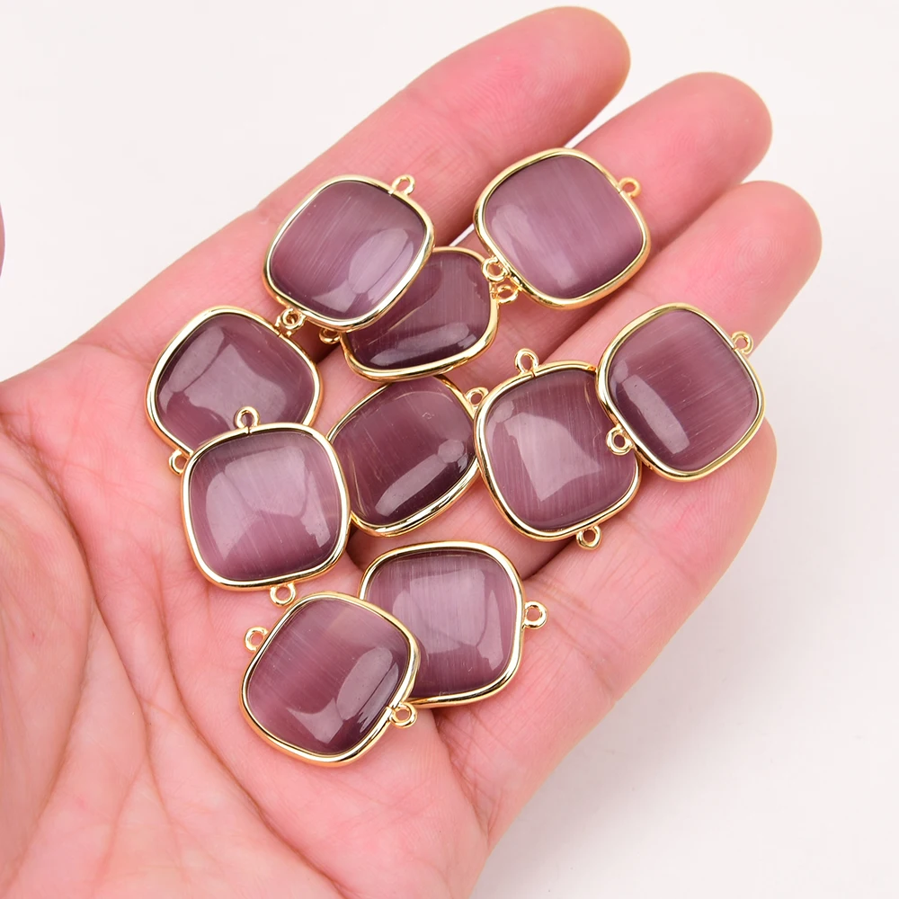 10 Pcs 20mm Purple Cat eye Gold Edge Square  Connector Double Ring Jewelry Finding