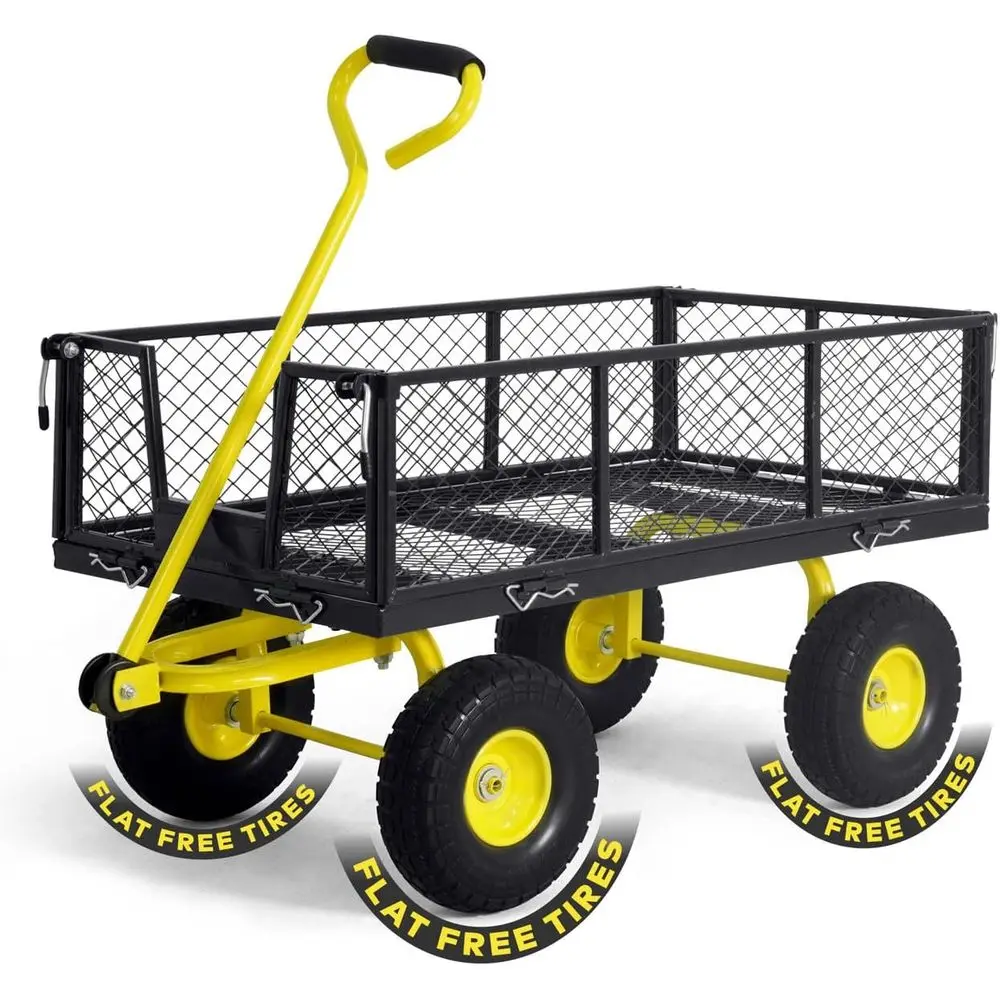 

Adjustable Yellow Handle Garden Cart with Mat, Strap, 880 lbs Capacity, 10 Flat-Free Tires, Removable Sides for Yard Work
