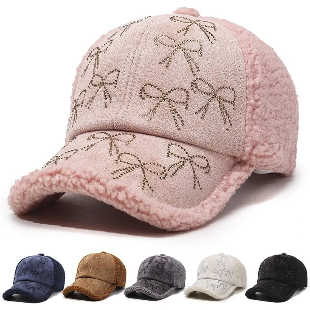 Fashion Adjustable Women's Hats Lamb Wool Warm Plush Caps with Hot Pressed Diamond Bow Pattern Baseball Caps for Women