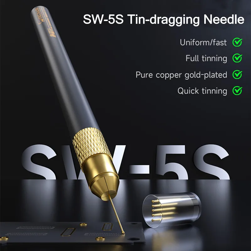 MECHANIC SW-5S Pure Copper Gold-plated Fast Tinning Needle with Carbon Fiber Handle Mobile Phone Repair Quick Tinning Tool