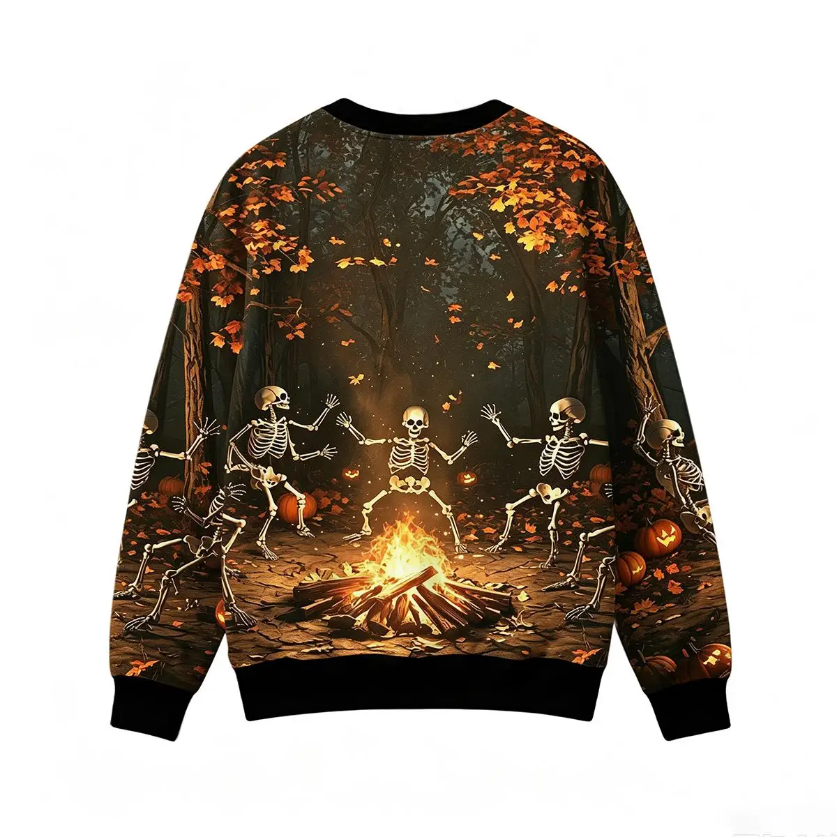 Halloween Skeleton Bonfire Print Sweatshirt Unisex Holiday Fashion Casual Streetwear Autumn Maple Forest Pumpkin Graphic Tops