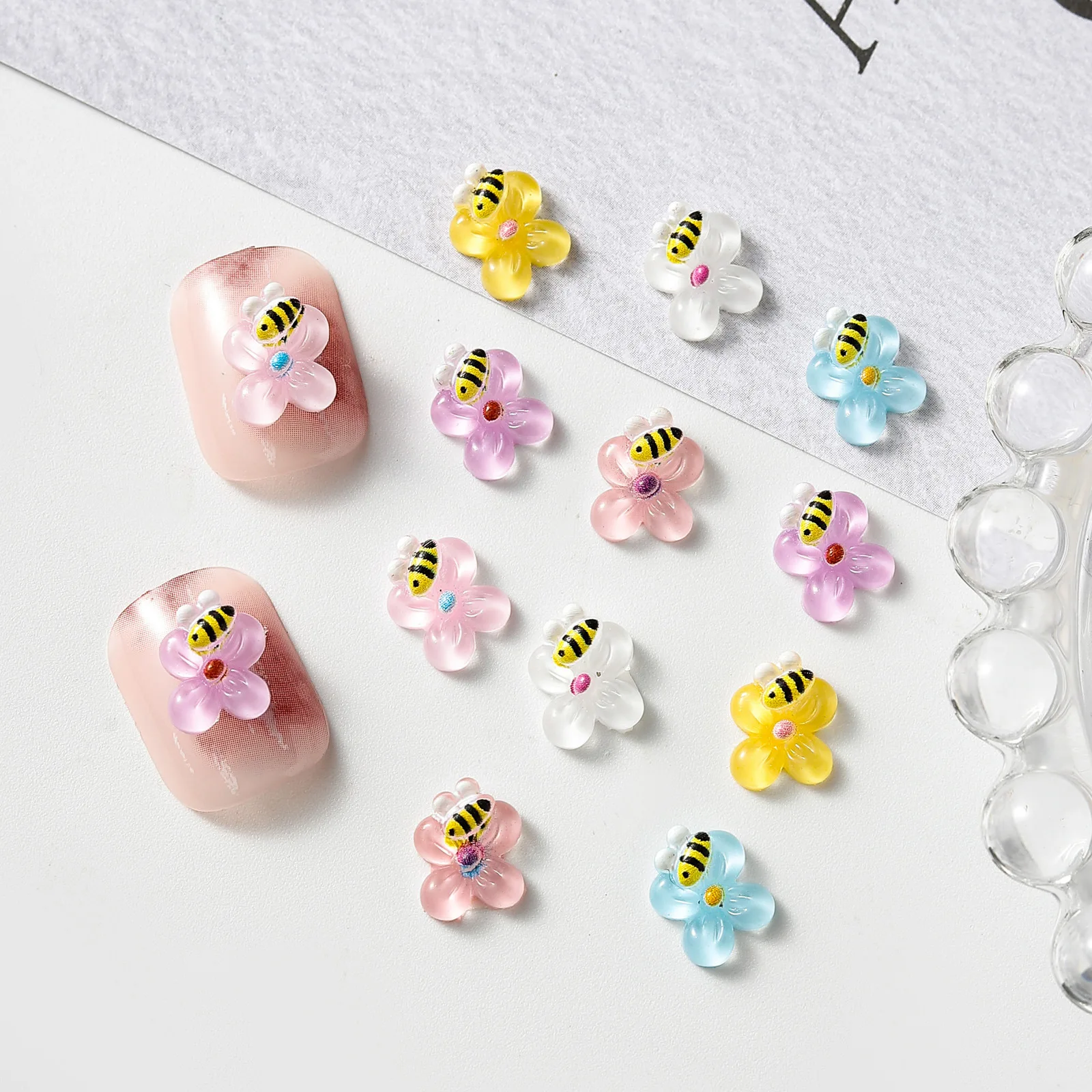 20pcs miniso flower bee cartoon nail charms for diy nail making cute mini resin flatback nail art decoreation