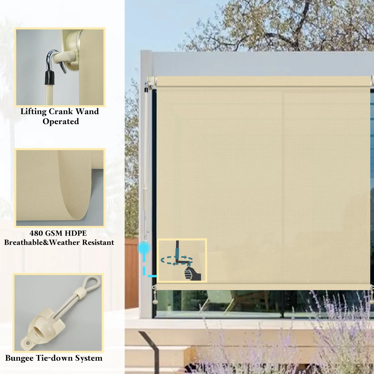 Blackout Outdoor Roller Shades Cordless Exterior Patio Blinds Crank Handle and  Cut Fabric Roller 90% UV Protection
