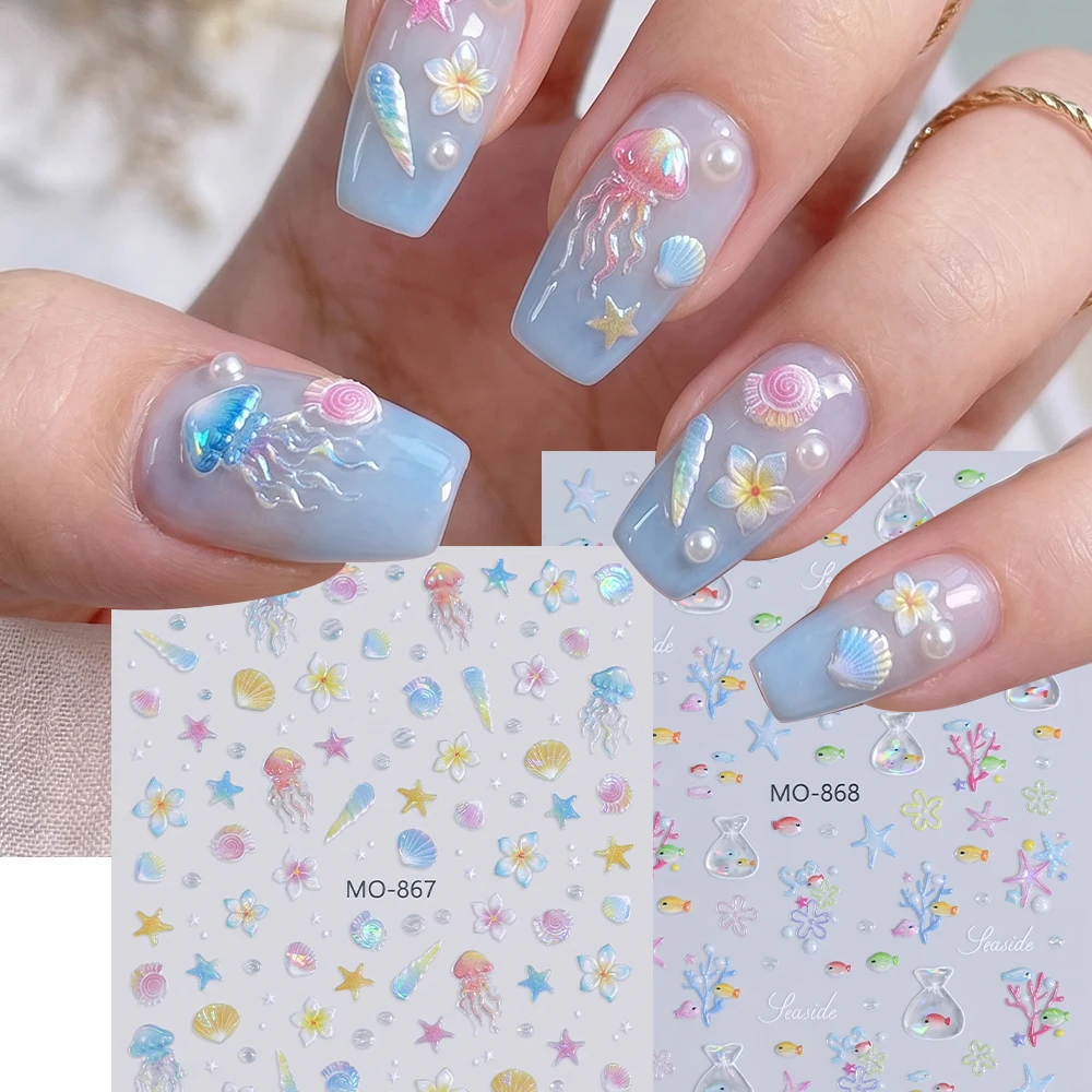 2Pcs Holographic Fancy 3D Ocean Nail Art Stickers Sea Shell Starfish Coral Nail Decals Adhesive DIY Manicure Decorations