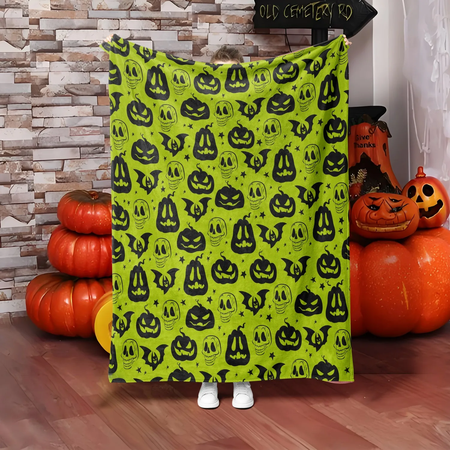 1 STÜCK Halloween-Thema Neues Design Kürbis-Schädel-Fledermäuse-Überwurfdecke Allerheiligen-Geschenke für Couch, Bett, Auto, Camping, alle Jahreszeiten