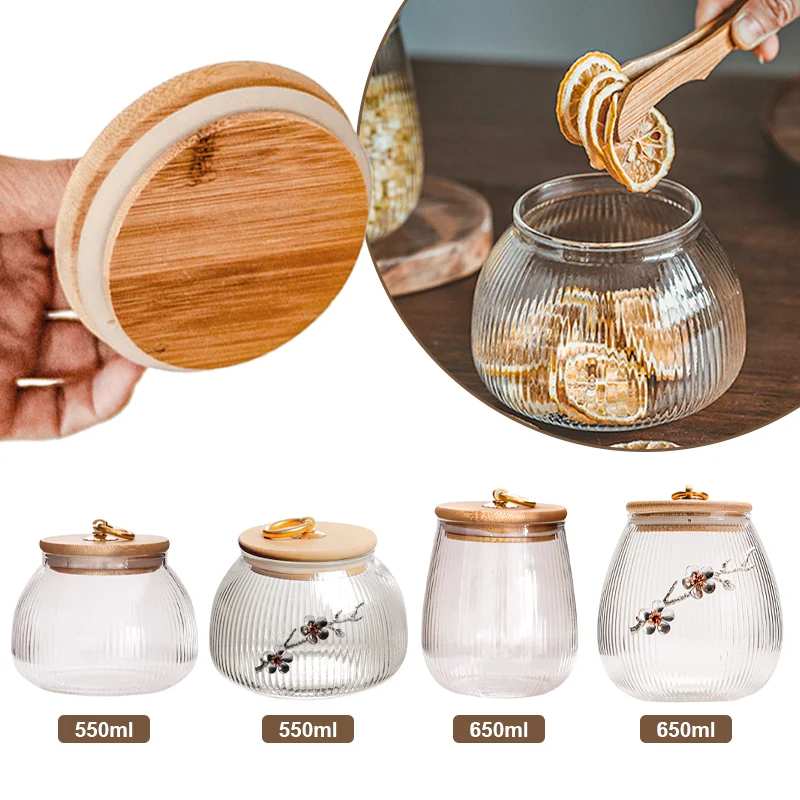 

Glass Stripe Bottle With Bamboo Lids Transparent Sealed Cans Home Decorative Tea Jars Kitchen Organizer Spices Storage Container