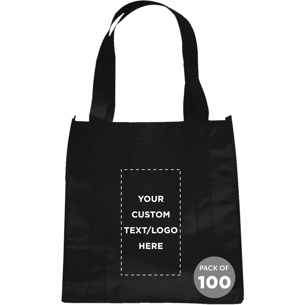 

Custom Reusable Grocery Tote Bag for Shopping - 100 Pack - Personalized Logo, Text -Small Foldable Bags – Black