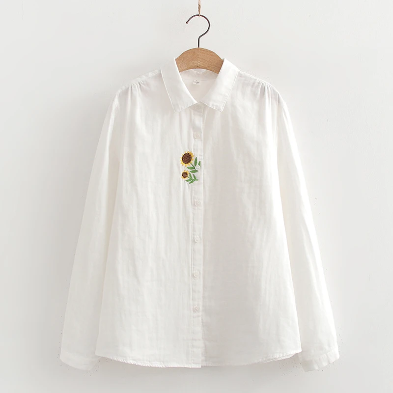 New Autumn Doble Cotton Tops Women Clothes Sunflower Embroidery Long Sleeved Shirt Loose Slimming Female Kawaii Blouse Tops U080