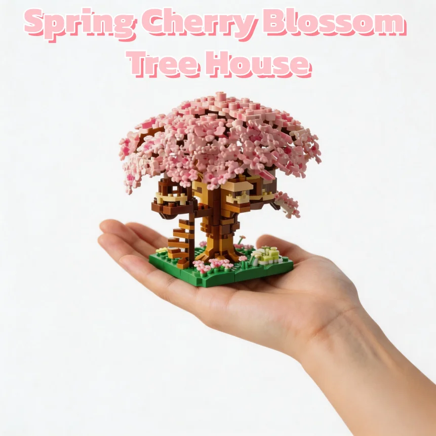 Pink & Purple Sakura Tree House Micro Building Blocks, High Difficulty Stress-Relief DIY Handmade Ornament for Adults