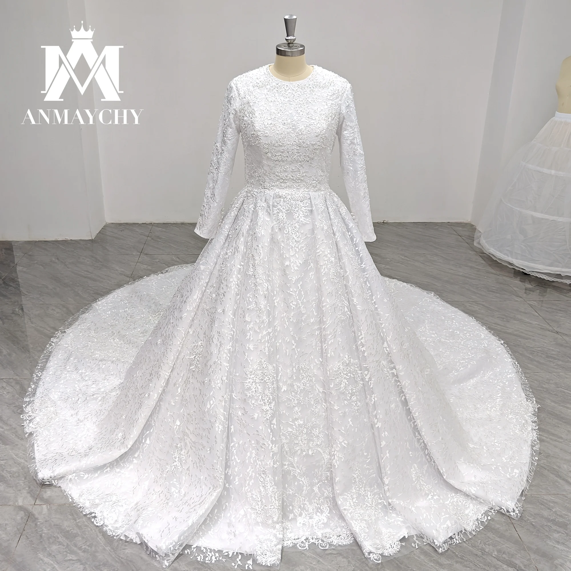 

ANMAYCHY Long Sleeve Luxury Wedding Dresses Real photos 2023 O-Neck Appliques Beading Ball Gown Wedding Gown Vestidos De Novia