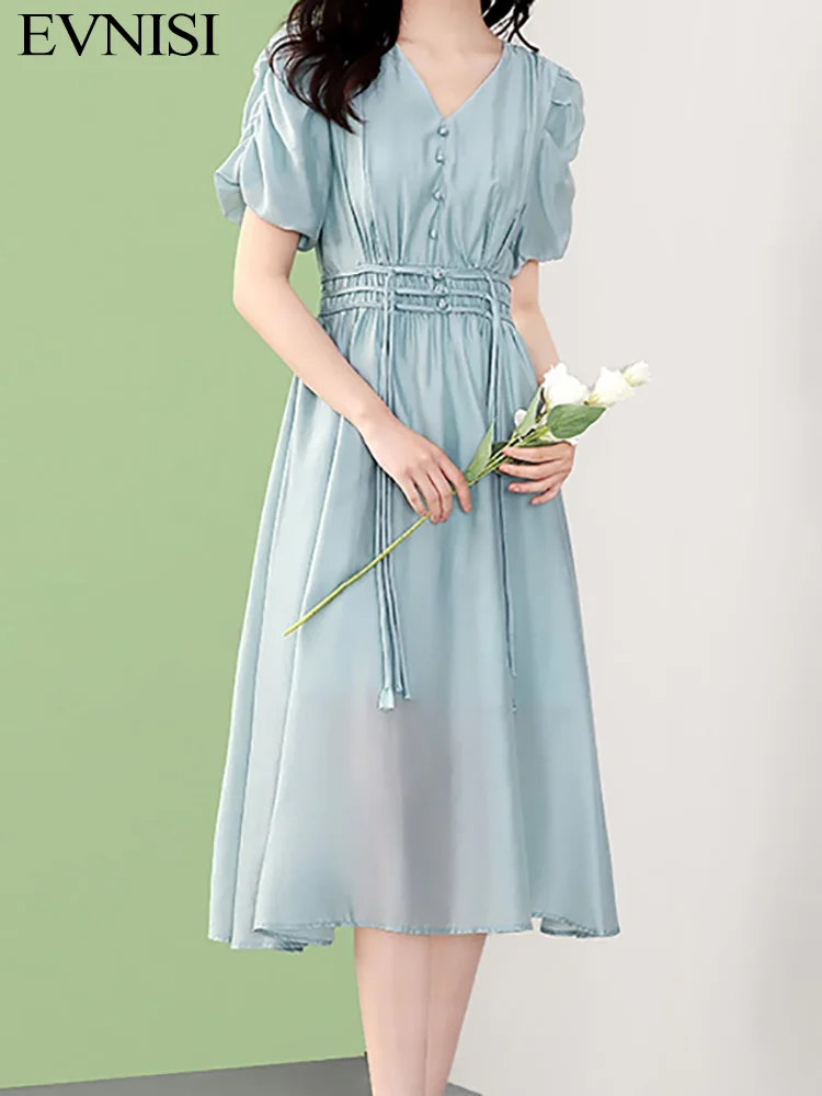 EVNISI Chic Women Green Chiffon Dress Fairy Puff Sleeve V-neck Lace Up Party A-line Dresses Office For Women Vestido 2023