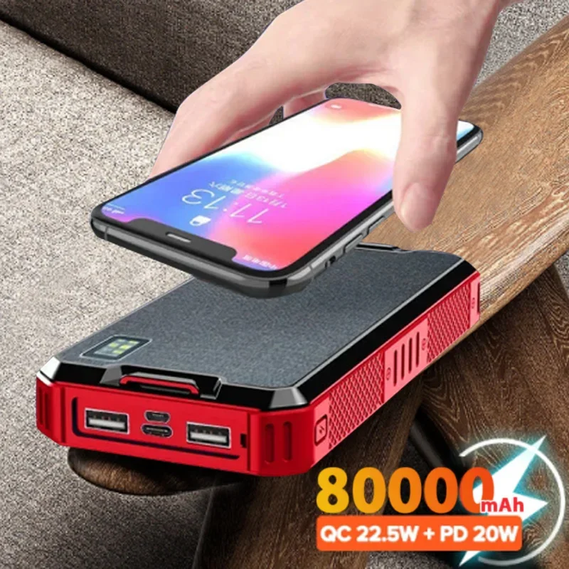 Solar Power Bank Wireless 80000mAh Portable Charger High Capacity Outdoor Travel  Auxiliary Battery Flashlight for iPhone MI