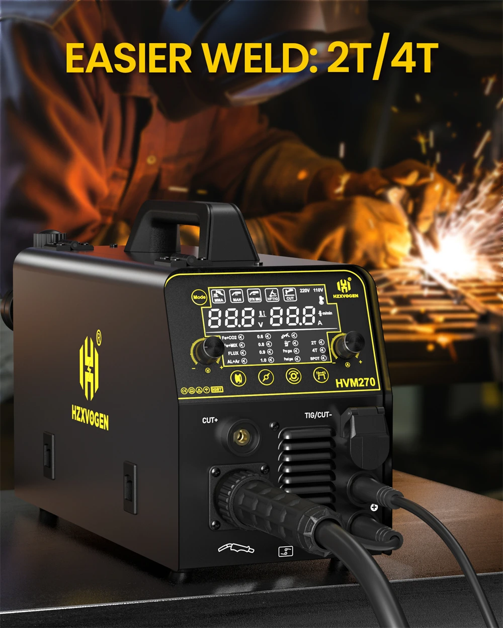6 in 1 Welding Machine HZXVOGEN HVM270 Gas MIG Gasless MIG HF TIG MMA Plasma Cut Digital LED Screen IGBT Inverter 2T/4T