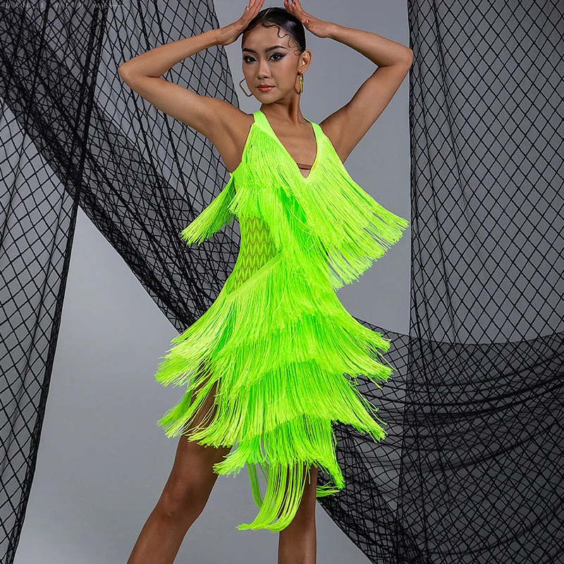 Sexy Halter Multi-Layer Latin Dance Dress Women Backless Irregular Latin Fringed Dress Latin Cha cha Dance Dresses SL8025