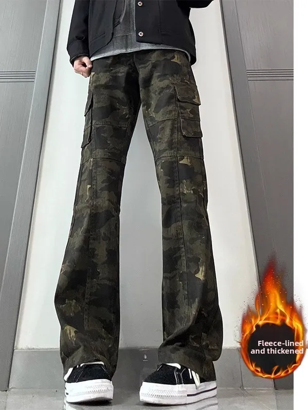 

American High Street Camouflage Flared Workwear Pants Men's Autumn Winter Fce Thiened Ibe Pants Slimming Leg Lengthening...