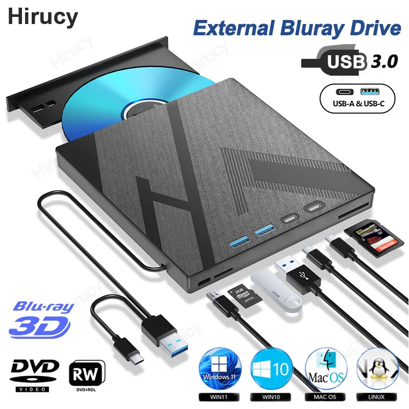 

USB 3.0 Type-C External Blu-ray Optical Drive for Laptop PC Portable BD DVD CD -/+RW Player Burner Reader with SD/TF Card Slot