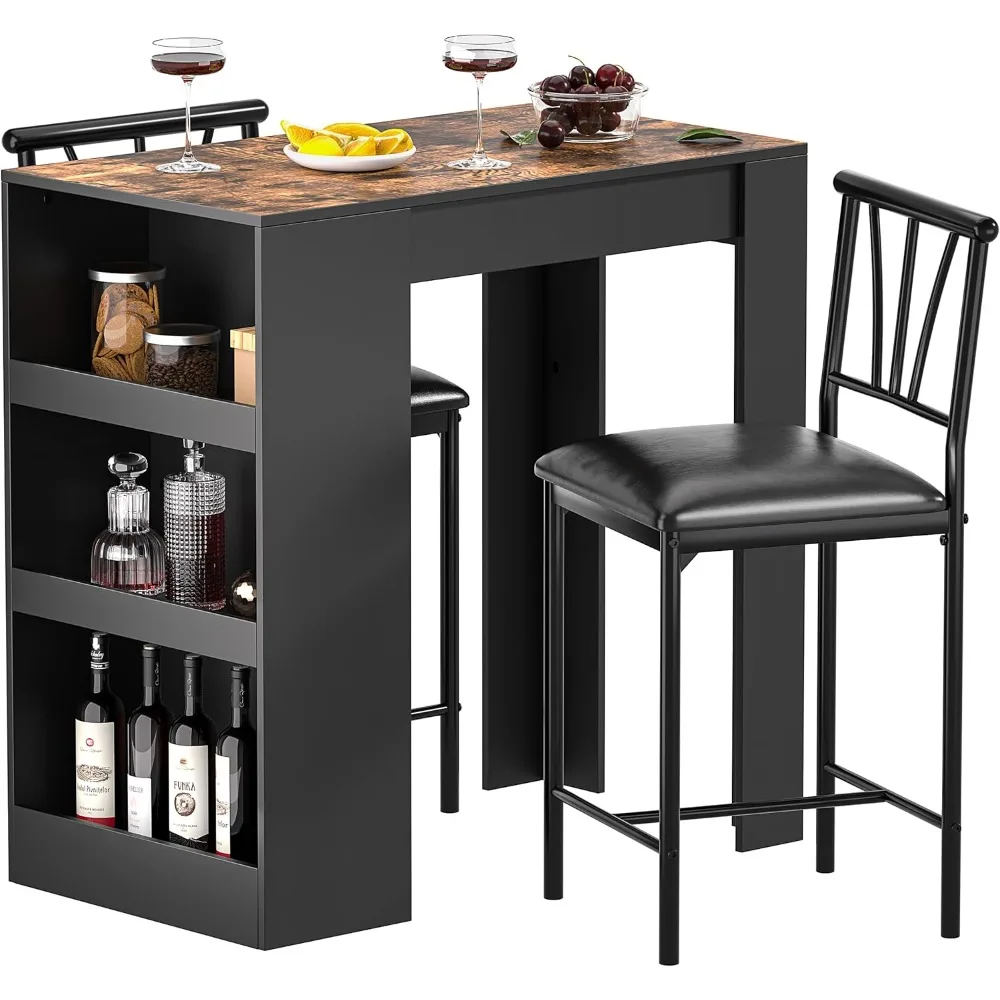 Small Bar Table and Chairs Tall Kitchen Breakfast Nook with Stools/Dining Set for 2, Storage Shelves, Space-Saving