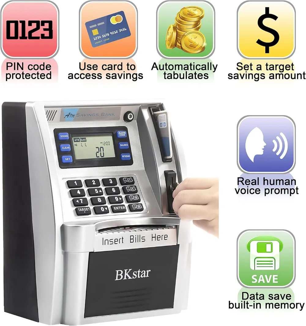 بنك ATM Piggy التفاعلي للأطفال مع المطالبات الصوتية، وحدة تغذية الأموال التلقائية، وحماية كلمة المرور وإعداد الأهداف #2
