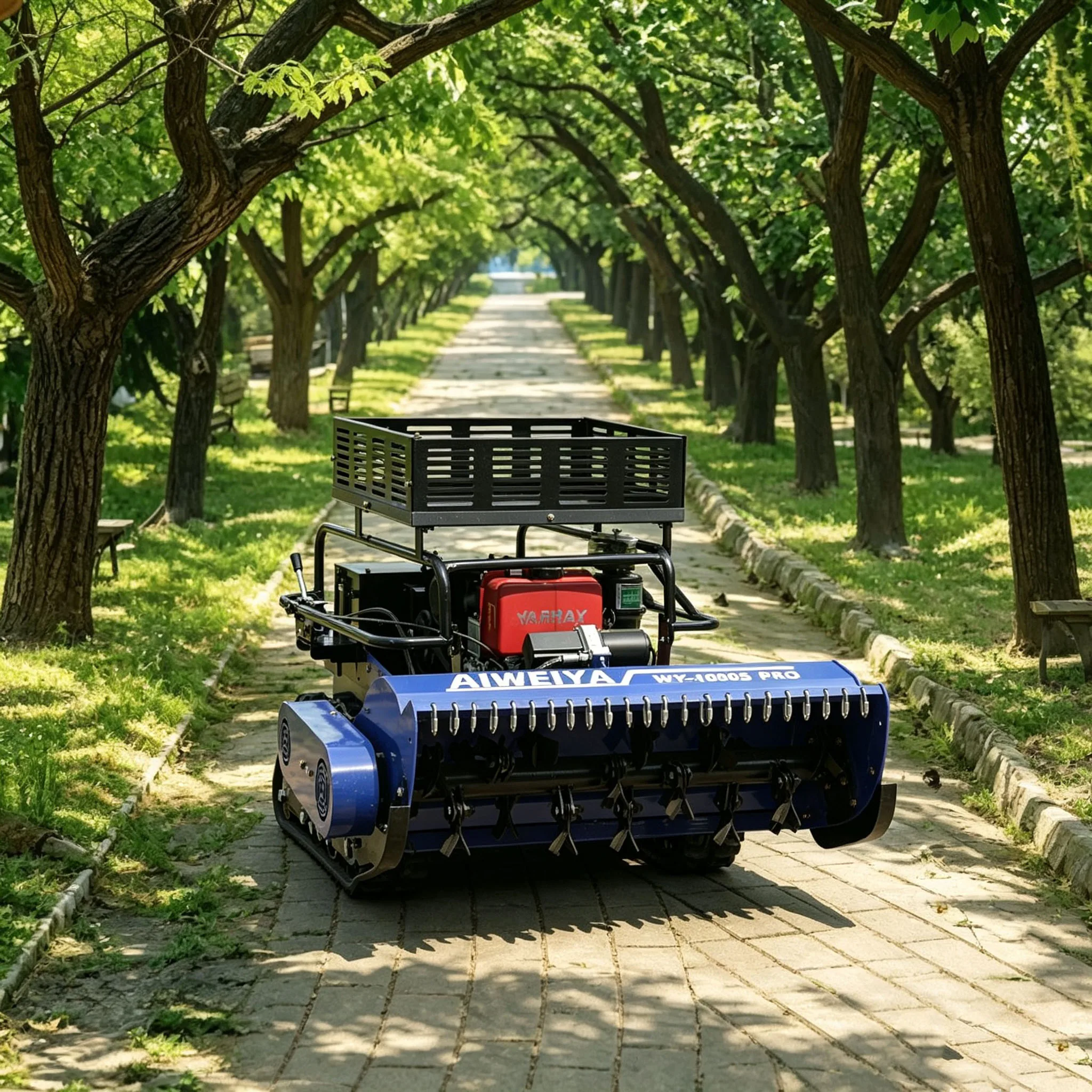 Customized quiet household lawn unit cares private gardens via height adjustable crawler robot, remote control self-propelled