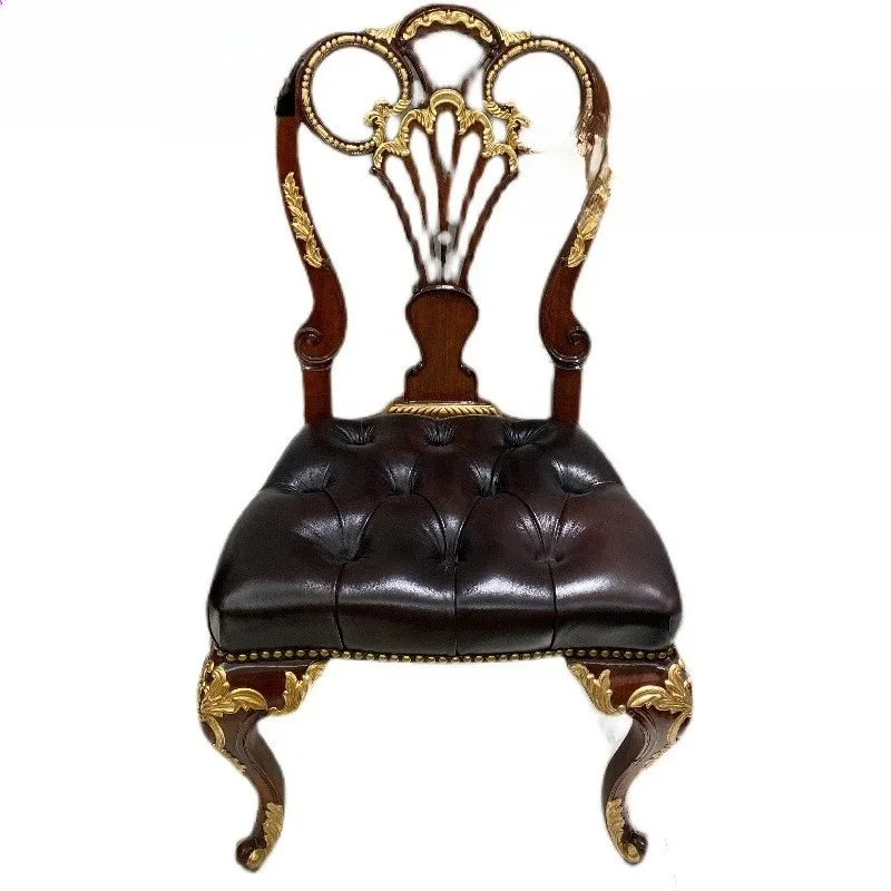 

Imported peach blossom core solid wood dining chair European classical cowhide dining stool gold foil old carved court chair